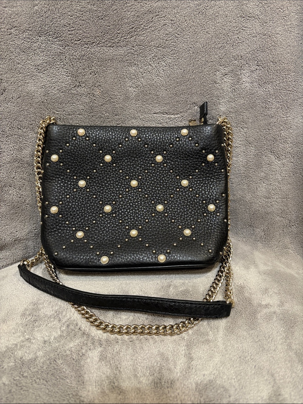 kate spade Black Pebbled Leather Crossbody with Gold Stud and Chain